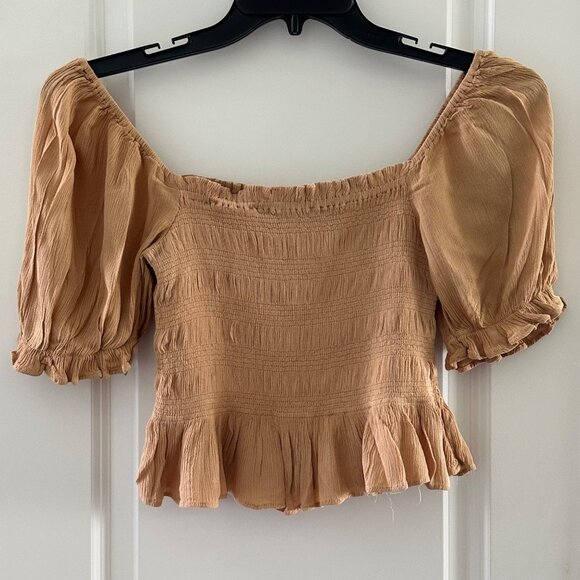 Forever 21 Womens Tan Smocked Off-Shoulder Blouse With Puff Sleeves Ruffled Hem - Picture 1 of 7